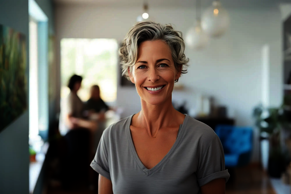 una mujer sonriente de mediana edad